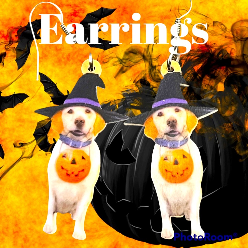 Halloween Dog Drop Earrings, Harvest, Acrylic witch hat, pumpkin candy bucket